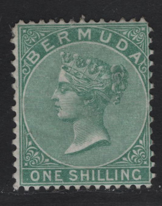 Lot 11A Bermuda SG#11 1/- Green, 1865-1903 Queen Victoria Keyplates Issue, Wmk Crown CC, A FUN Single Perf 14x12 1/2