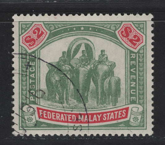 Lot 129 Federated Malay States (C) SG#49 $2 Green & Carmine Tiger & Elephant, 1904-1922 Tiger & Elephant Definitive Issue, A Very Fine Used Single, Multiple Crown CA Wmk, Either CTO With Full Gum or Fiscal Cancel