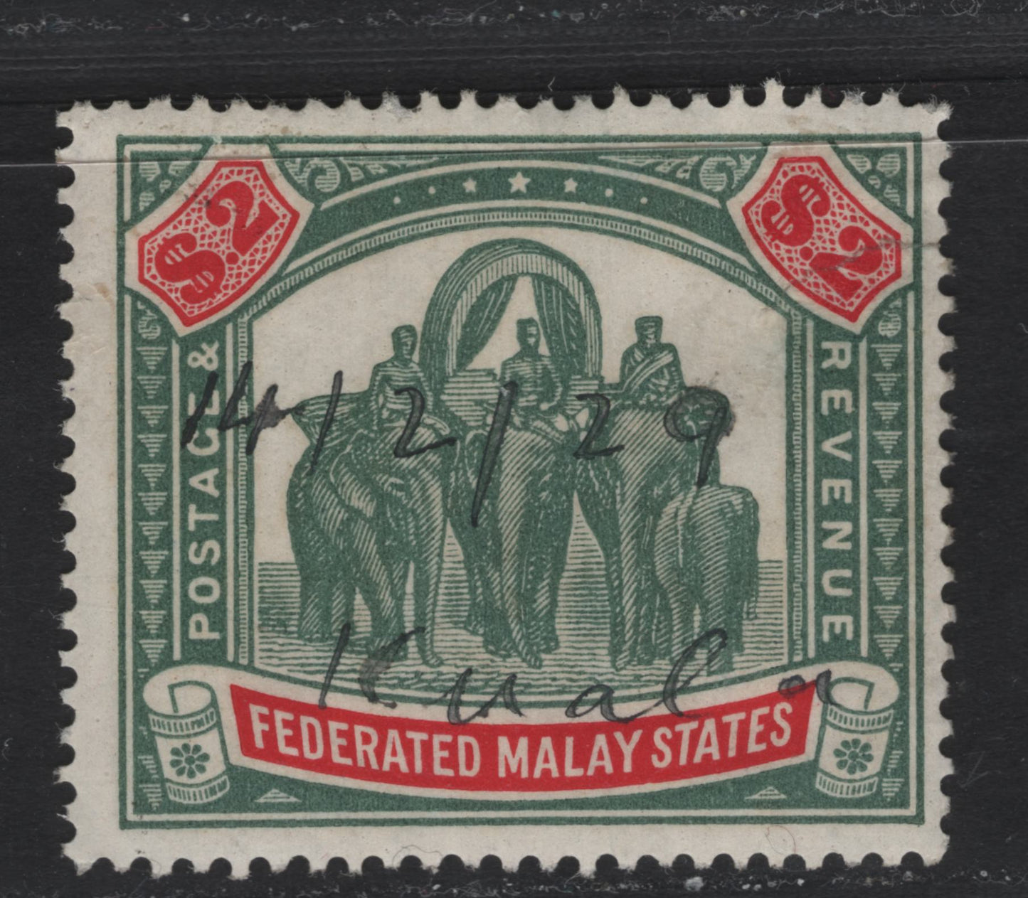 Lot 130 Federated Malay States (C) SG#78 $2 Green & Carmine Tiger & Elephant, 1922-1934 Tiger & Elephant Definitive Issue, A Fine Used Single, Script CA Wmk
