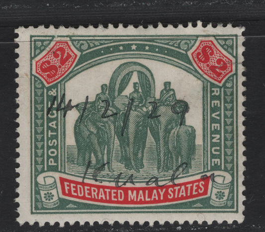 Lot 130 Federated Malay States (C) SG#78 $2 Green & Carmine Tiger & Elephant, 1922-1934 Tiger & Elephant Definitive Issue, A Fine Used Single, Script CA Wmk