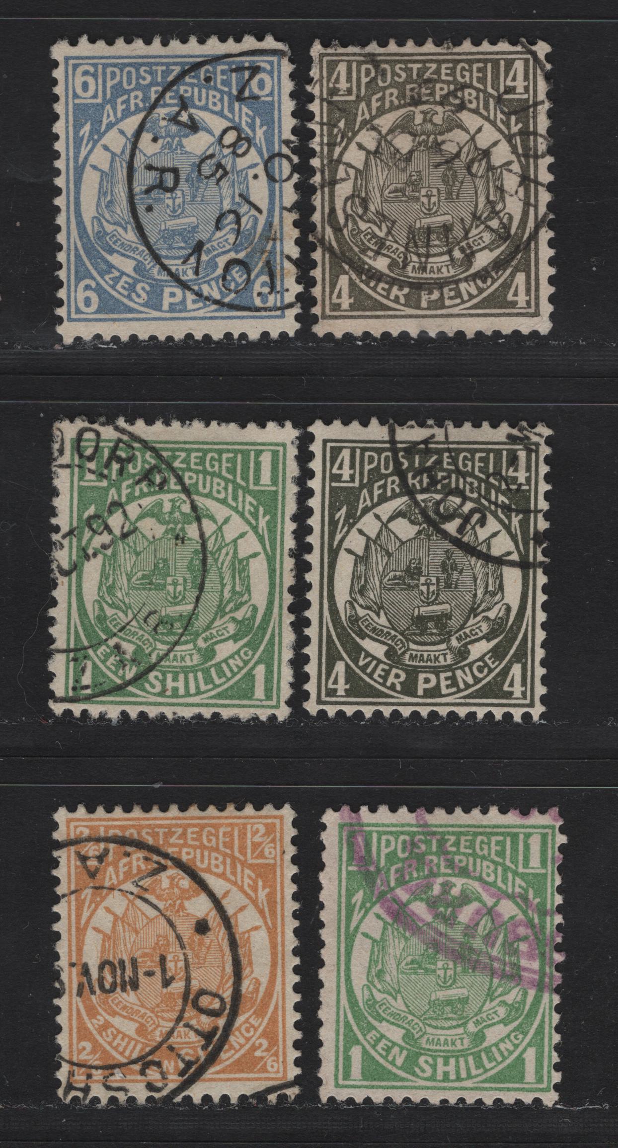 Lot 138 Transvaal (C) SG#181-183,b, 184 4d - 2/6d Bronze Green - Orange Buff Arms, 1885-1893 Arms Issue, 5 Fine/Very Fine Used Singles, Postally Used Examples, Perfs 12.5 & 12.5x12
