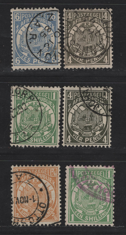 Lot 138 Transvaal (C) SG#181-183,b, 184 4d - 2/6d Bronze Green - Orange Buff Arms, 1885-1893 Arms Issue, 5 Fine/Very Fine Used Singles, Postally Used Examples, Perfs 12.5 & 12.5x12