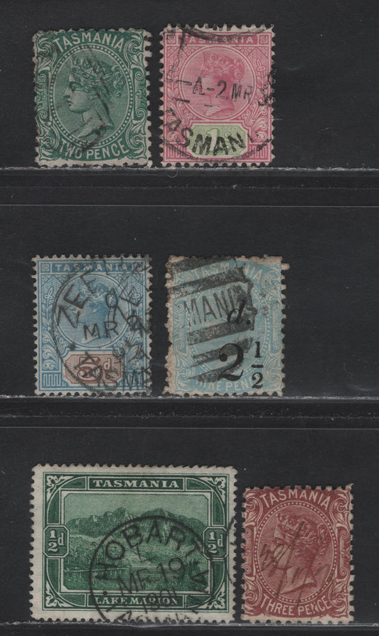 Lot 143 Tasmania (C) SG#145, 146d, 169, 218, 229, 257 2d - 1/- Deep Green - Purple Brown Queen Victoria, 1871-1909 Queen Victoria Issues, 6 Fine/Very Fine Used Singles, Lines "TAS' - Crown over A Wmks