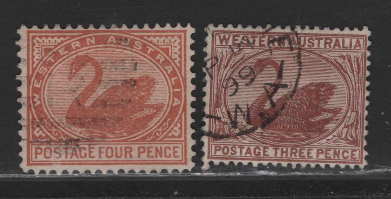Lot 144 Western Australia (C) SG#87, 119 3d - 4d Red Brown - Chestnut Swan, 1882-1895 Swans Issue, 2 Fine/Very Fine Used Singles, Crown CA & V Over Crown CA Wmks