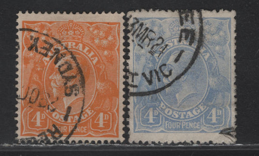 Lot 145 Australia (C) SG#22, 65b 4d - 2/6d Orange - Pale Milky Blue King George V, 1914-1923 KGV Heads Issue, 2 Fine/Very Fine Used Singles, Single Crown over A Wmk
