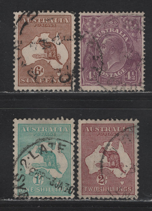 Lot 149 Australia (C) SG#92, 107, 109-110 4.5d - 2/- Violet - Maroon Kangaroo & Map - King George V, 1926-1930 Kangaroo & Map - KGV Heads Issues, 4 Very Fine Used Singles, Small Multiple Wmk