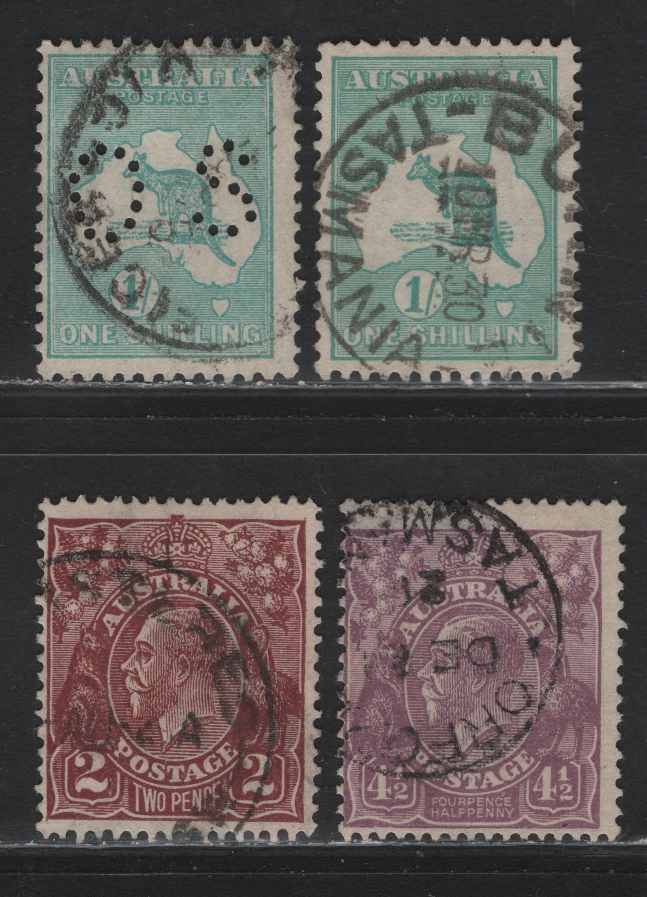 Lot 150 Australia (C) SG#98, 103, 109, O116 2d - 1/- Red Brown - Blue Green, 1926-1928 KGV Pictorial - 4th Nat'l Stamp Exhibition Issues, 4 Fine Used Singles, Normal & Perf OS, Small Multiple Crowns Wmk, Regular Has A Light Diagonal Crease.