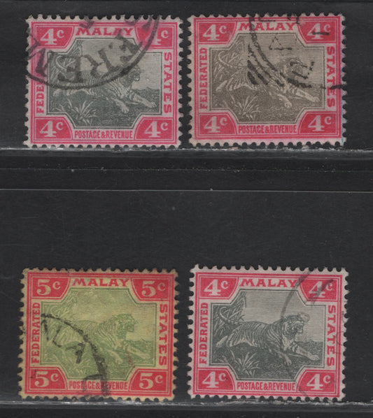 Lot 152 Federated Malay States (C) SG#17a-b, 18 4c - 5c Gray & Carmine - Green & Carmine on Yellow Tiger, 1900-1901 Tiger Keyplate Issue, 4 Very Fine Used Singles, Crown CA Wmk