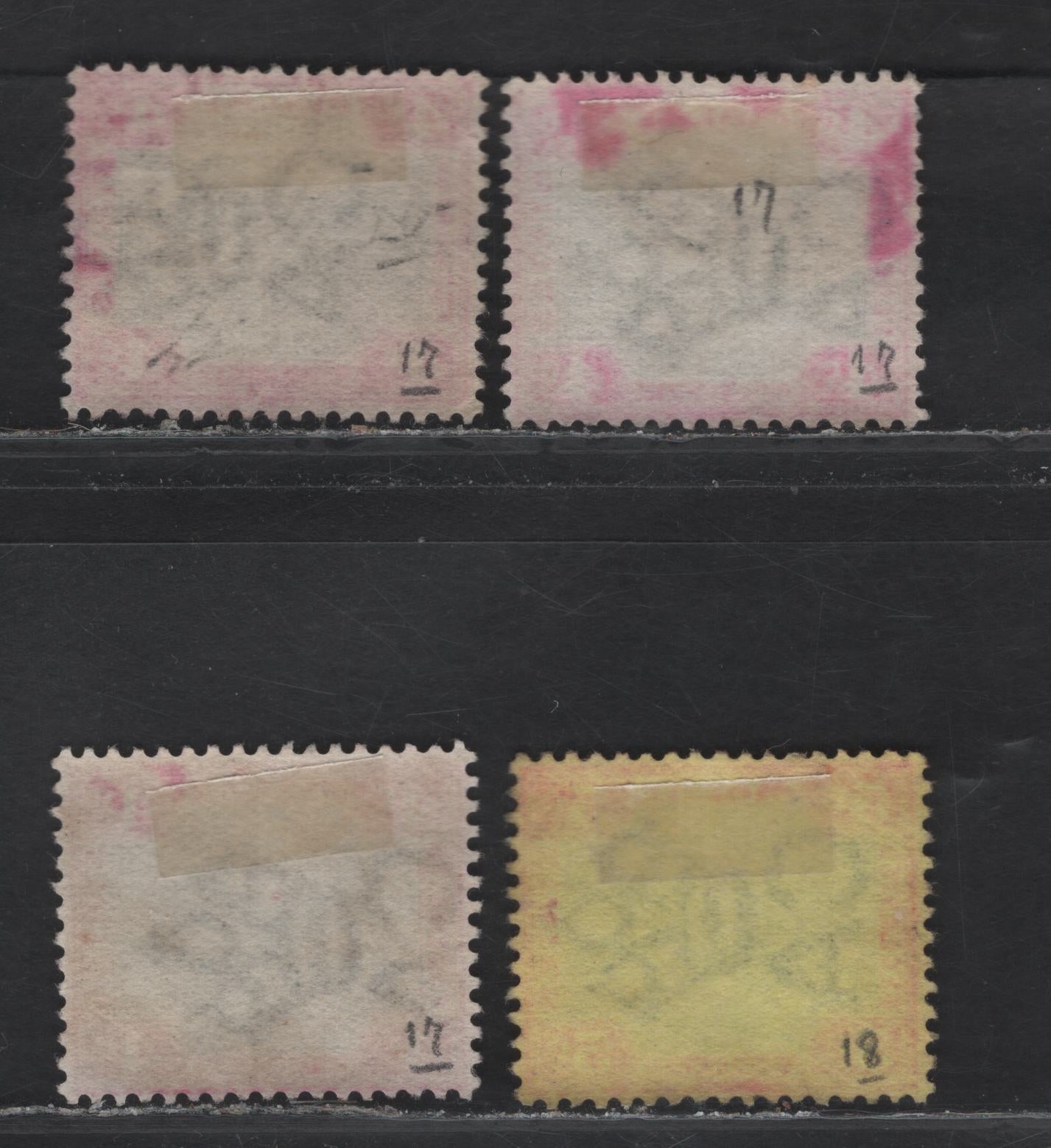 Lot 152 Federated Malay States (C) SG#17a-b, 18 4c - 5c Gray & Carmine - Green & Carmine on Yellow Tiger, 1900-1901 Tiger Keyplate Issue, 4 Very Fine Used Singles, Crown CA Wmk