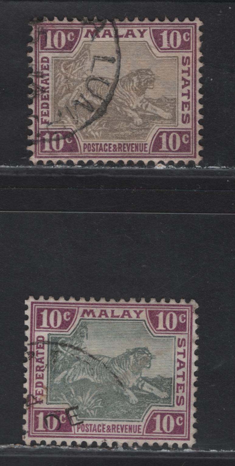 Lot 153 Federated Malay States (C) SG#20c-d 10c Gray & Purple - Gray Brown & Purple Tiger, 1900-1901 Tiger Keyplate Issue, 2 Very Fine Used Singles, Crown CA Wmk