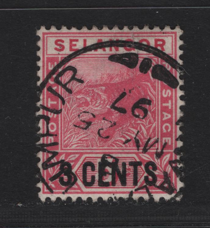 Lot 157 Malaya - Selangor (C) SG#53 3c on 5c Rose Tiger, 1894 Surcharged Tiger Keyplate Issue, A Very Fine Used Single, SON May 25 1897 Kuala Lumpur Cancel