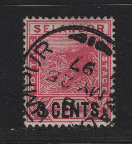 Malaya - Selangor (C) SG#53 3c on 5c Rose Tiger, 1894 Surcharged Tiger Keyplate Issue, A Very Fine Used Single, SON May 25 1897 Kuala Lumpur Cancel