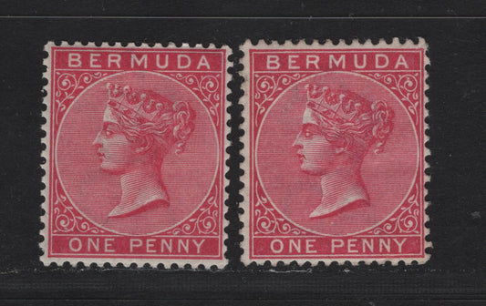 Lot 16 Bermuda SG#24a 1d Aniline Carmine, 1883-1904 Queen Victoria Keyplates Issue, Wmk Crown CA, 2 F&VFOG Singles Two Slightly Different Shades