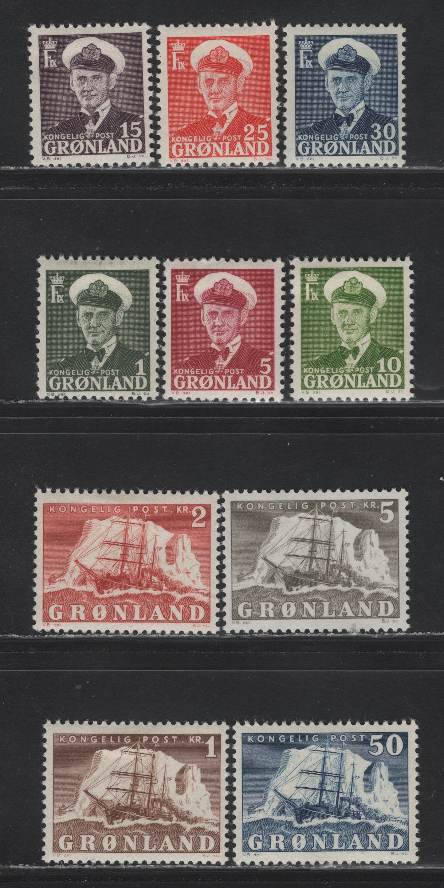 Lot 166 Greenland (C) SC#28-30,a, 32-38 1o - 5k Dark Olive Green - Gray King Frederik X - Polar Bear, 1959-1960 King Frederik X - Polar Bear Definitive Issues, 10 VFOG Singles
