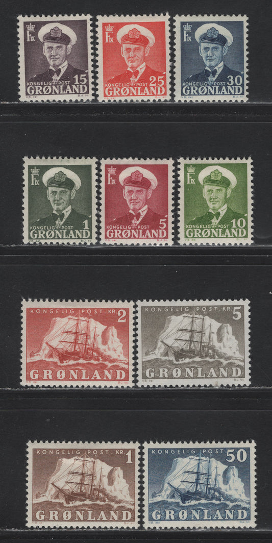 Lot 166 Greenland (C) SC#28-30,a, 32-38 1o - 5k Dark Olive Green - Gray King Frederik X - Polar Bear, 1959-1960 King Frederik X - Polar Bear Definitive Issues, 10 VFOG Singles