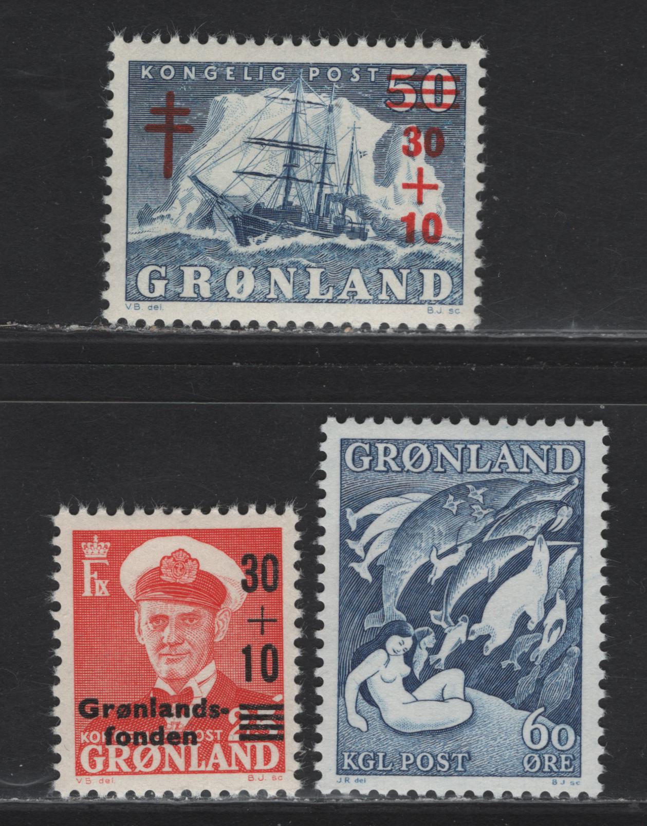 Lot 167 Greenland (C) SC#43,  B1-B2 6o - 30o+10o Blue - Vermillion Designs - Greenland Fund, 1957-1958 Designs - Greenalnd Fund Semi Postal Issues, 3 VFOG Singles