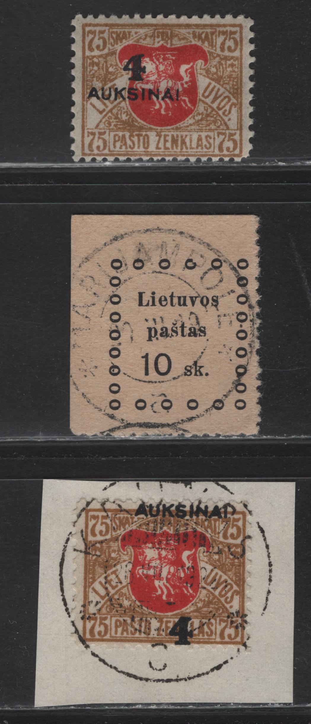 Lot 176 Lithuania SC#13, 114&var 10sk - 4awk on 75sk Black - Bistre & Red, 1919-1922 2nd Kaunas - Surcharged Issues, 3 Fine Used Singles, Showing Error Of Surcharge With Wide Spacing Between Lines Of Surcharge, With Normal For Comparison, Unlisted.