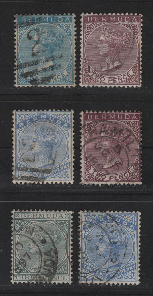 Lot 18 Bermuda SG#25,26,26a,27b,28 2d Blue, Aniline Purple, Brown Purple, Pale Ultramarine And 3d Grey, 1883-1904 Queen Victoria Keyplates Issue, Wmk Crown CA, 6 F&VF Used Singles Two With #2 Barred Numeral Cancel For St. George's
