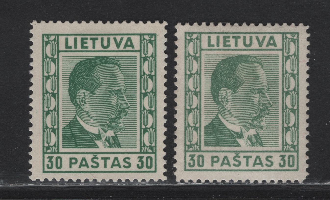 Lot 186 Lithuania SC#299 30p Green President Smetona, 1936-1937 President Smetona Issues, 2 F/VFOG Singles, 2 Shades of Green, The Duller Shades Has Slight Internal Wrinkles