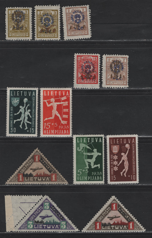 Lot 188 Lithuania SC#B16-B17, B23, B30-B31, B43-B44, B52-B53, C15-C16 1c+1c - 3awk Pale Brown - Violet & Green , 1922-1926 Overprinted Airmail - War Invalids Issues, 12 F/VFOG/NH Singles, B43 Is NH, Two Shades of 1awk