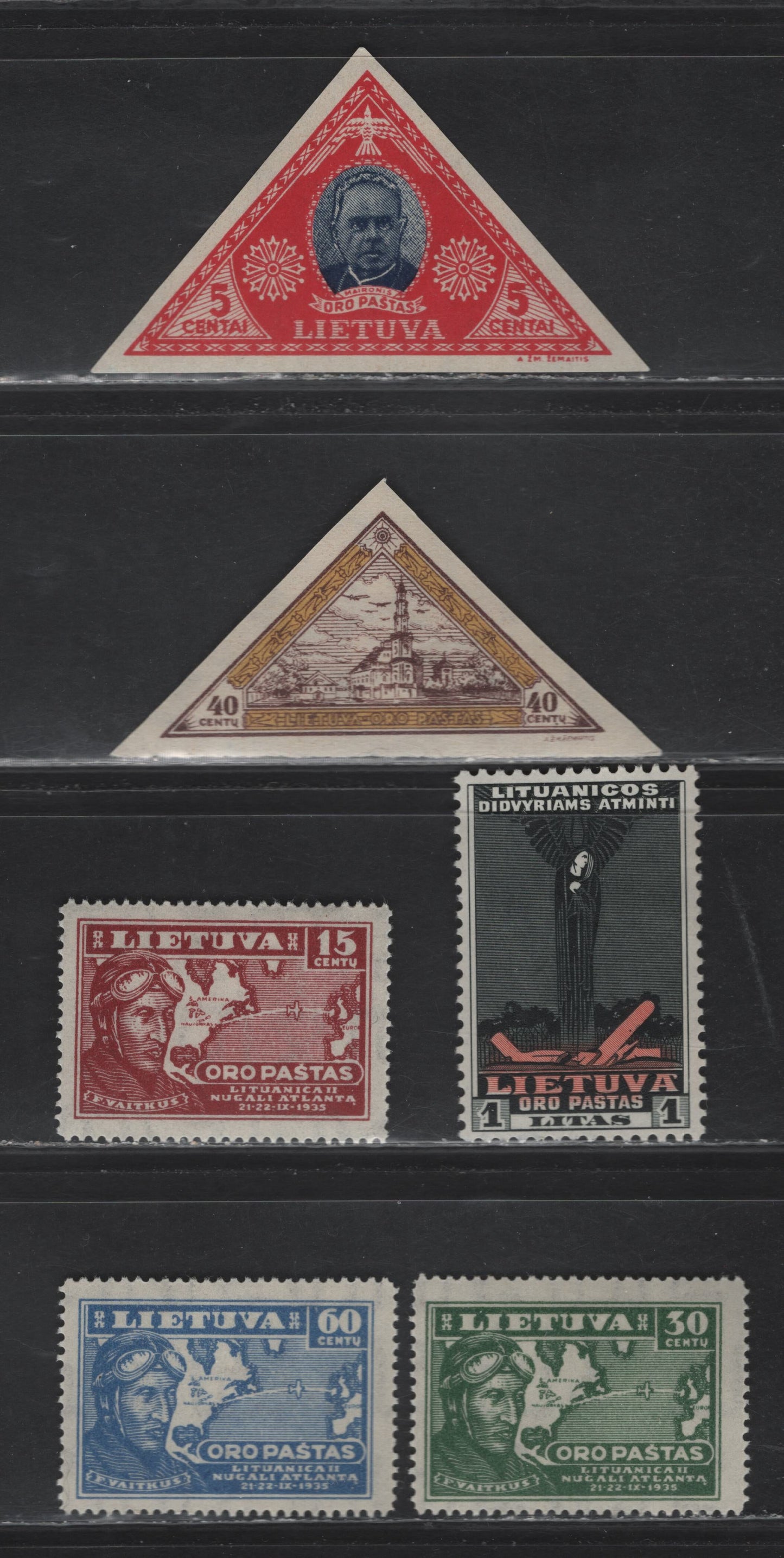 Lot 190 Lithuania SC#C53a, C71a, C82, C85-C87 40c - 60c Brown & Yellow - Blue , 1932-1936 Lithuanian Orphans - Transatlanctic Flight Issues, 6 VFOG Singles