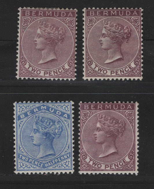 Lot 20 Bermuda SG#25 2d Aniline Purple ( 2 Shades), Brown Purple, 2 1/2d Deep Ultramarine, 1883-1904 Queen Victoria Keyplates Issue, Wmk Crown CA, 4 Fine Used Singles