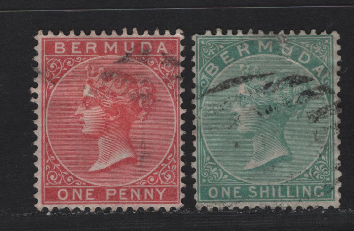 Lot 2 Bermuda SG#1,8 1d Rose Red & Green, 1865-1903 Queen Victoria Keyplates Issue, Wmk Crown CC, 2 VG & F Used Singles Perf 14