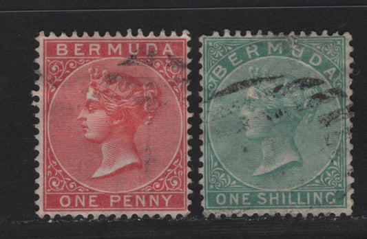 Lot 2 Bermuda SG#1,8 1d Rose Red & Green, 1865-1903 Queen Victoria Keyplates Issue, Wmk Crown CC, 2 VG & F Used Singles Perf 14