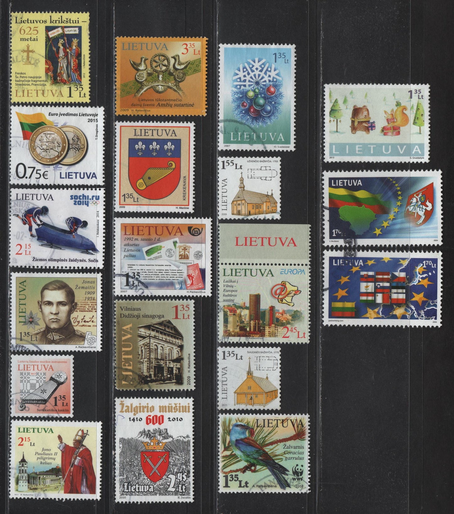 Lot 206 Lithuania SC#769-a, 849, 580, 857, 866, 874, 884, 887, 894, 896, 856b, 920, 940, 942, 965a, 1013, 1016, 1038 1.70l - 75c Multicolored , 2004-2005 Admission to EU - Introduction to Euro Currency Issues, 19 Very Fine Used Singles