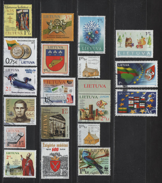 Lot 206 Lithuania SC#769-a, 849, 580, 857, 866, 874, 884, 887, 894, 896, 856b, 920, 940, 942, 965a, 1013, 1016, 1038 1.70l - 75c Multicolored , 2004-2005 Admission to EU - Introduction to Euro Currency Issues, 19 Very Fine Used Singles