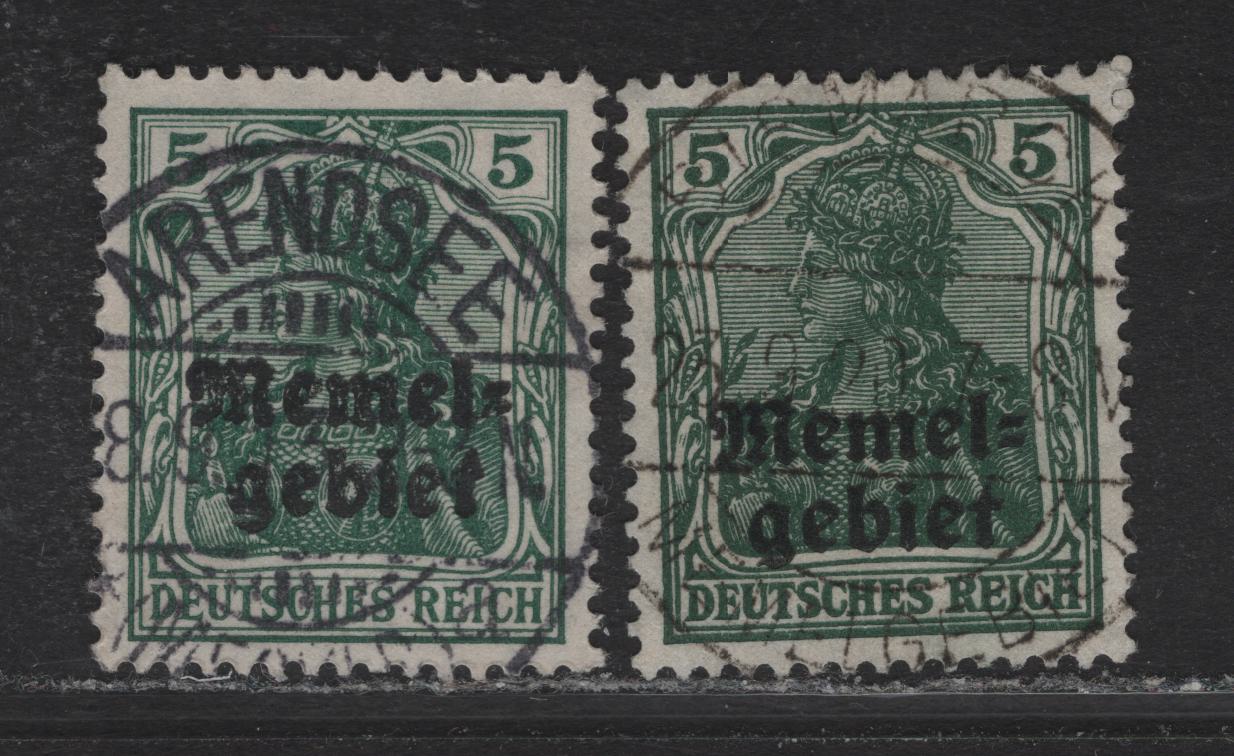 Lot 211 Memel Michel#1b (SC# 1) 5pf Blackish Green & Green Germania, 1920 Overprinted Germania Issue, 2 Fine/Very Fine Used Singles, SON September 29 1920 Bismark & September 8 1923 Arendsfe CDS Cancels