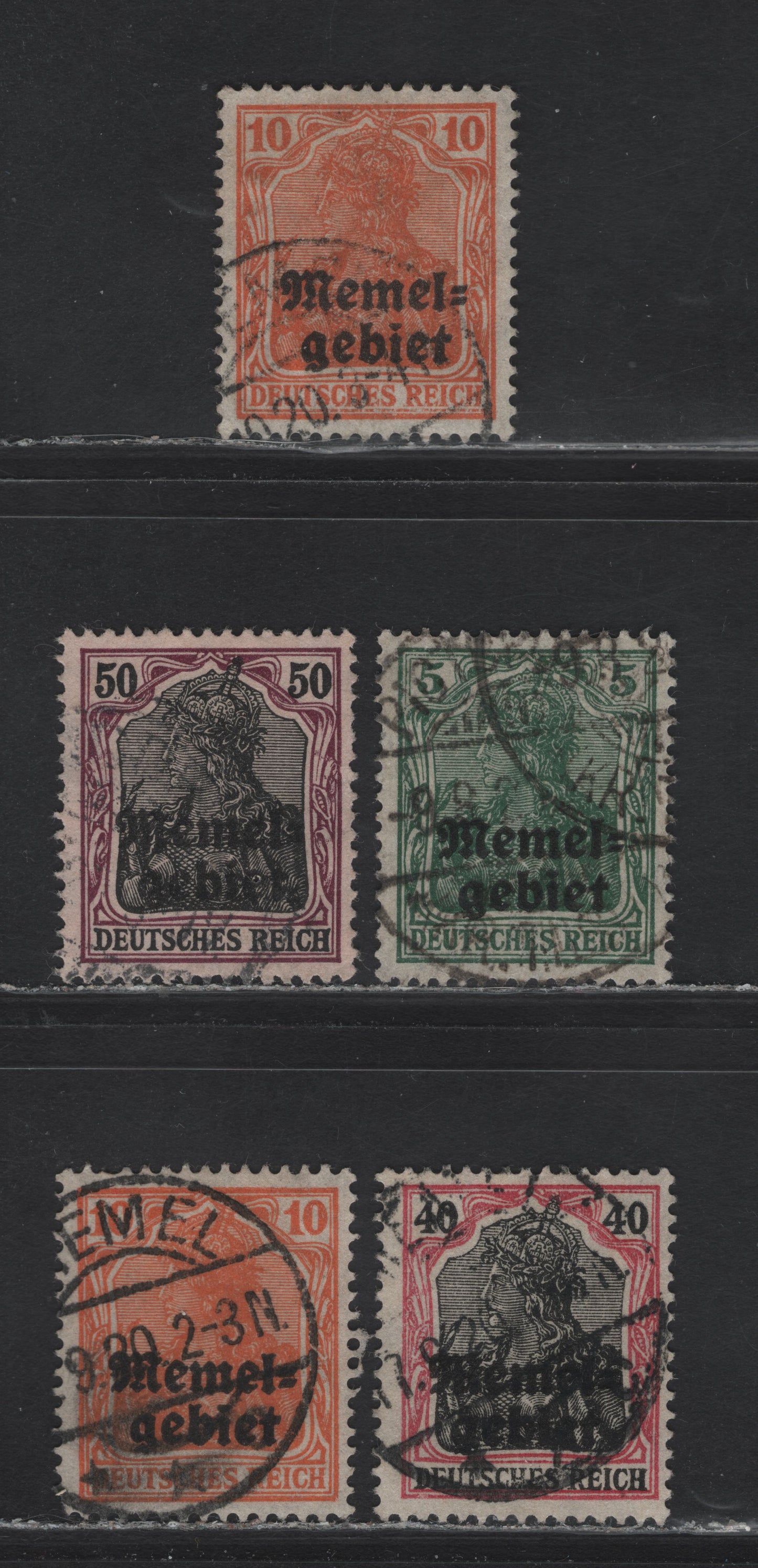 Lot 212 Memel SC#1, 3, 8-9 5pf - 50pf Green - Purple & Black on Buff Germania, 1920 Overprinted Germania Issue, 5 Fine/Very Fine Used Singles, Small Natural Pinhole in 'e' Of Overprint On 50pf, 10pf Orange Is Represented By 2 Shades