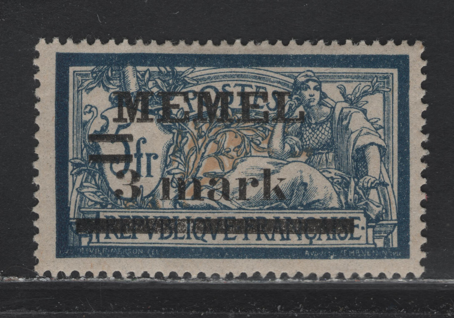 Lot 216 Memel SC#29 3m on 5fr Blue & Buff Merson, 1920 Overprinted Merson Issue, A FOG Single, White Paper
