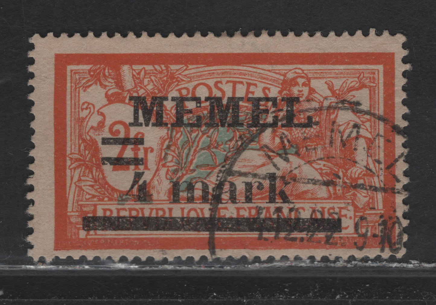 Lot 218 Memel Michel#31IIX (SC# 31var) 4m on 2fr Orange & Pale Blue Merson, 1920 Overprinted Merson Issue, A Fine Used Single, 1.45mm Between Mark & Surcharge Bar, Grayish Paper, December 4 1922 Memel CDS.