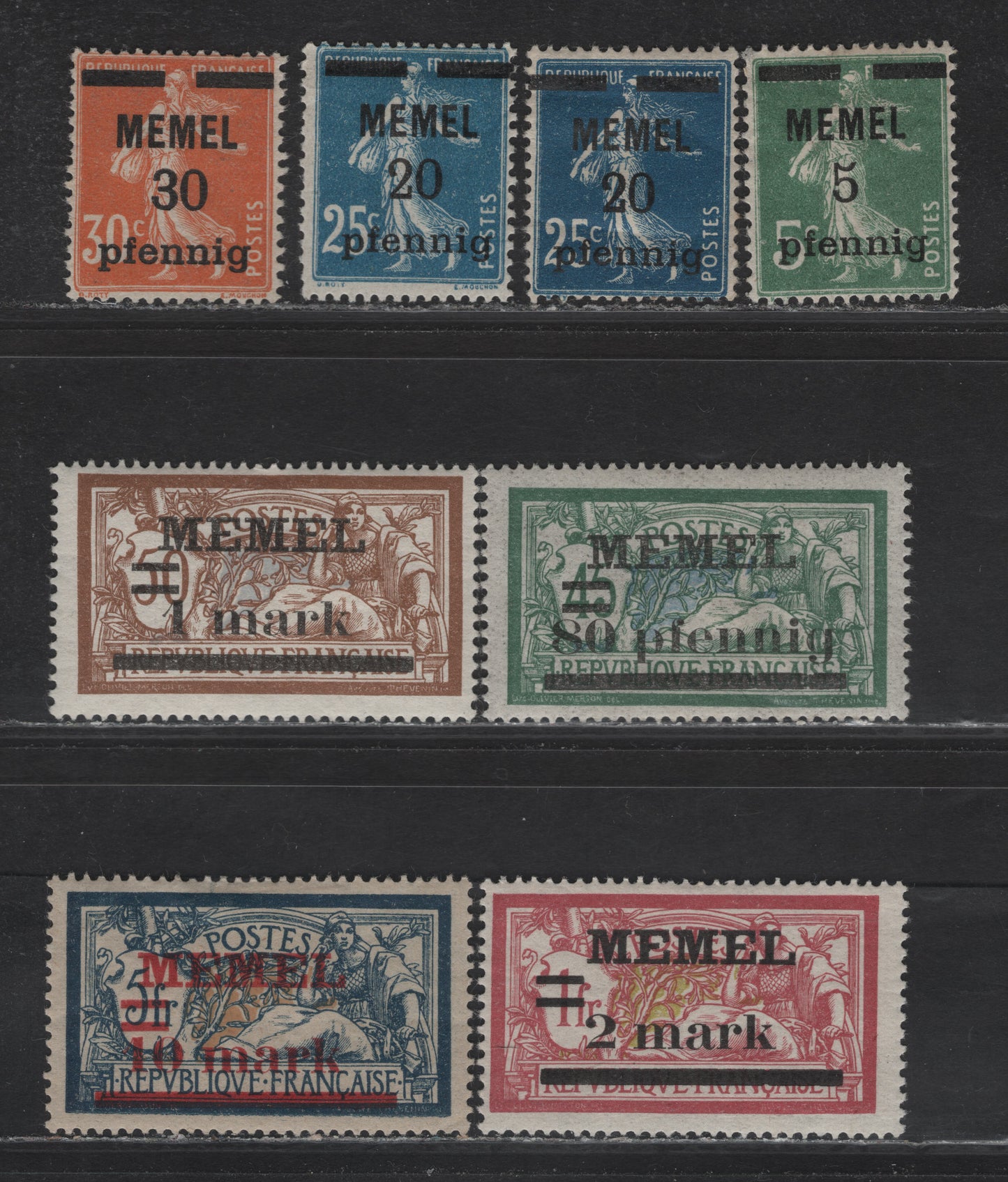 Lot 219 Memel Michel#18b, 20a,b, 21, 25b, 26y, 25y, 32 (SC# 18, 20-21, 25-26, 28, 32) 5pf on 5c - 10m on 5pf Green - Blue & Buff, 1920 Overprinted Merson Issue, 8 F/VFOG & Unused Singles, White Paper, Both Prussian Blue & Dark Blue Shades Of The 25c