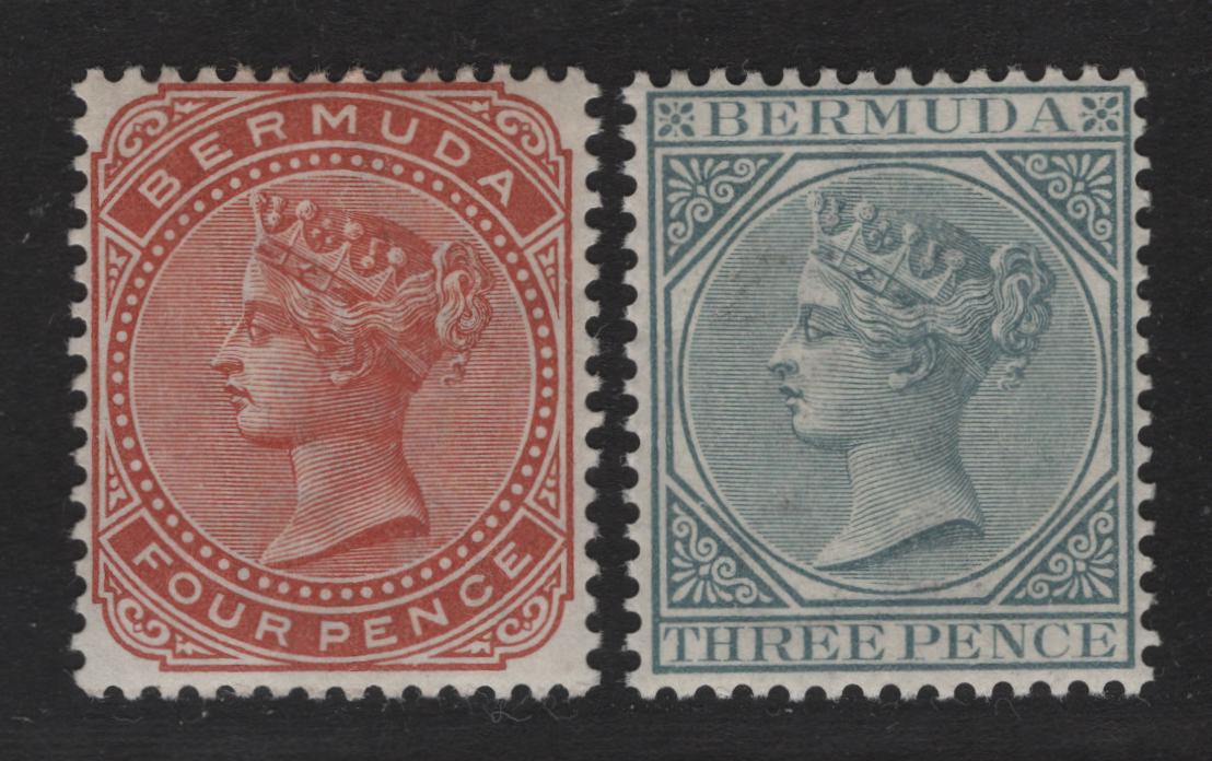 Lot 22 Bermuda SG#28-28a 3d Grey & 4d Orange Brown, 1883-1904 Queen Victoria Keyplates Issue, Wmk Crown CA, 2 VFOG Singles