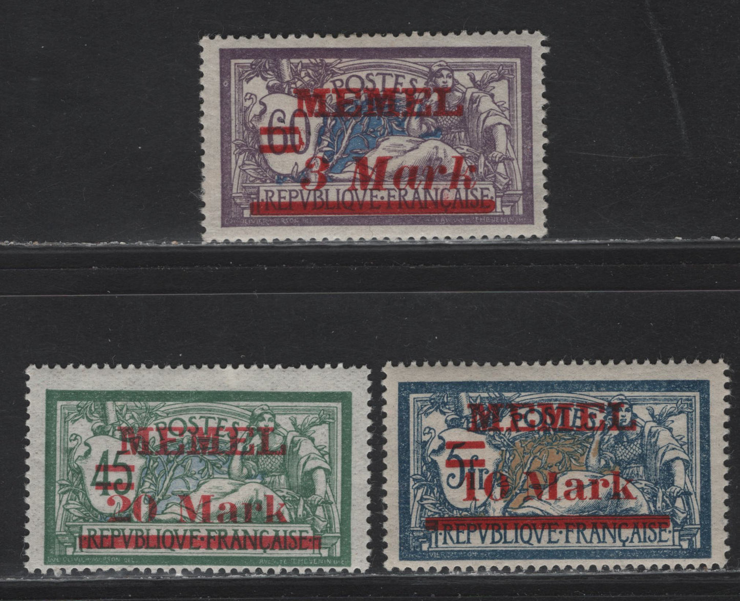 Lot 222 Memel Michel#37b, 38aI, 39II (SC# 40-42) 3m on 60c - 20m Gray Violet & Cobalt - Dark Green & Gray Ultramarine , 1921 Overprinted Peace & Commerce Issue, 3 F/VFOG Singles, Overprints Having The Value With A Capital Letter