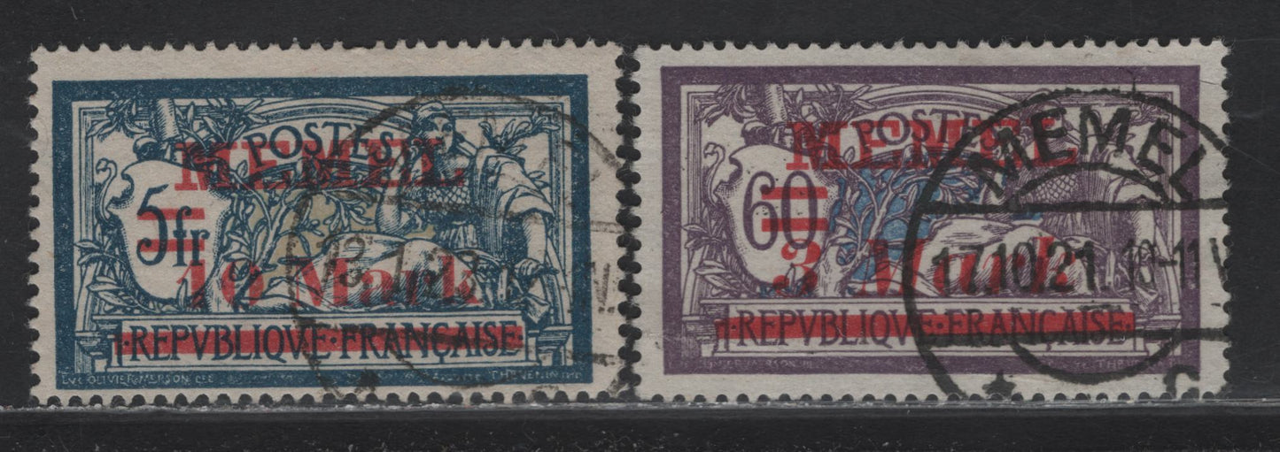 Lot 223 Memel Michel#37b, 38aII (SC# 40-41) 3m on 60c - 10m Dark Gray Violet & Cobalt - Blackish Blue & Pale Brownish Ochre , 1921 Overprinted Peace & Commerce Issue, 2 Fine/Very Fine Used Singles