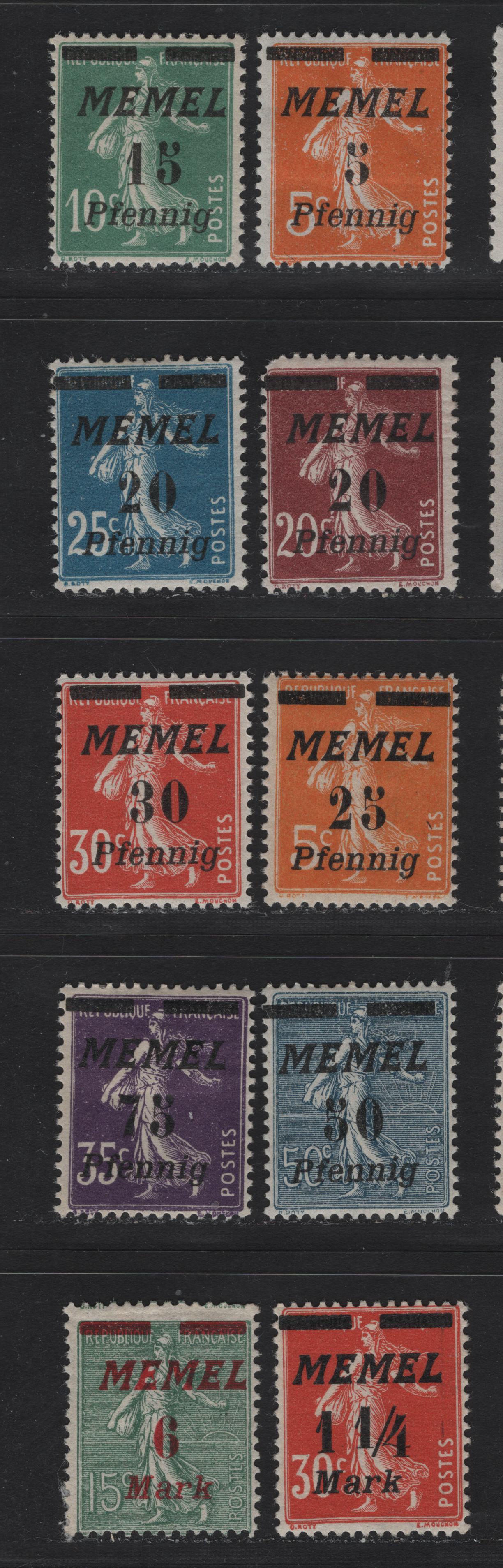 Lot 226 Memel SC#50, 53-57, 59, 61, 63, 65 5pf on 5c - 6m on 15c Orange - Green , 1922 Italic Overprinted France Sower Issue, 10 F/VFOG Singles