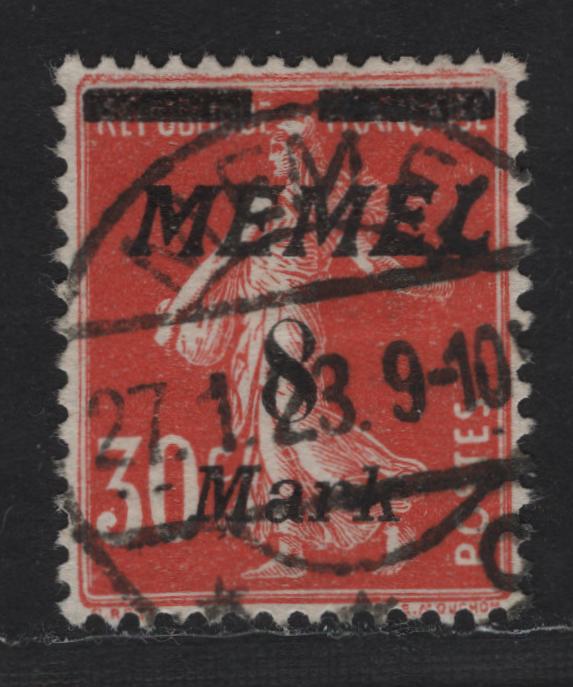 Lot 228 Memel SC#66 8m on 30c Red , 1922 Italic Overprinted France Sower Issue, A Very Fine Used Single, SON January 27 1923 Memel CDS