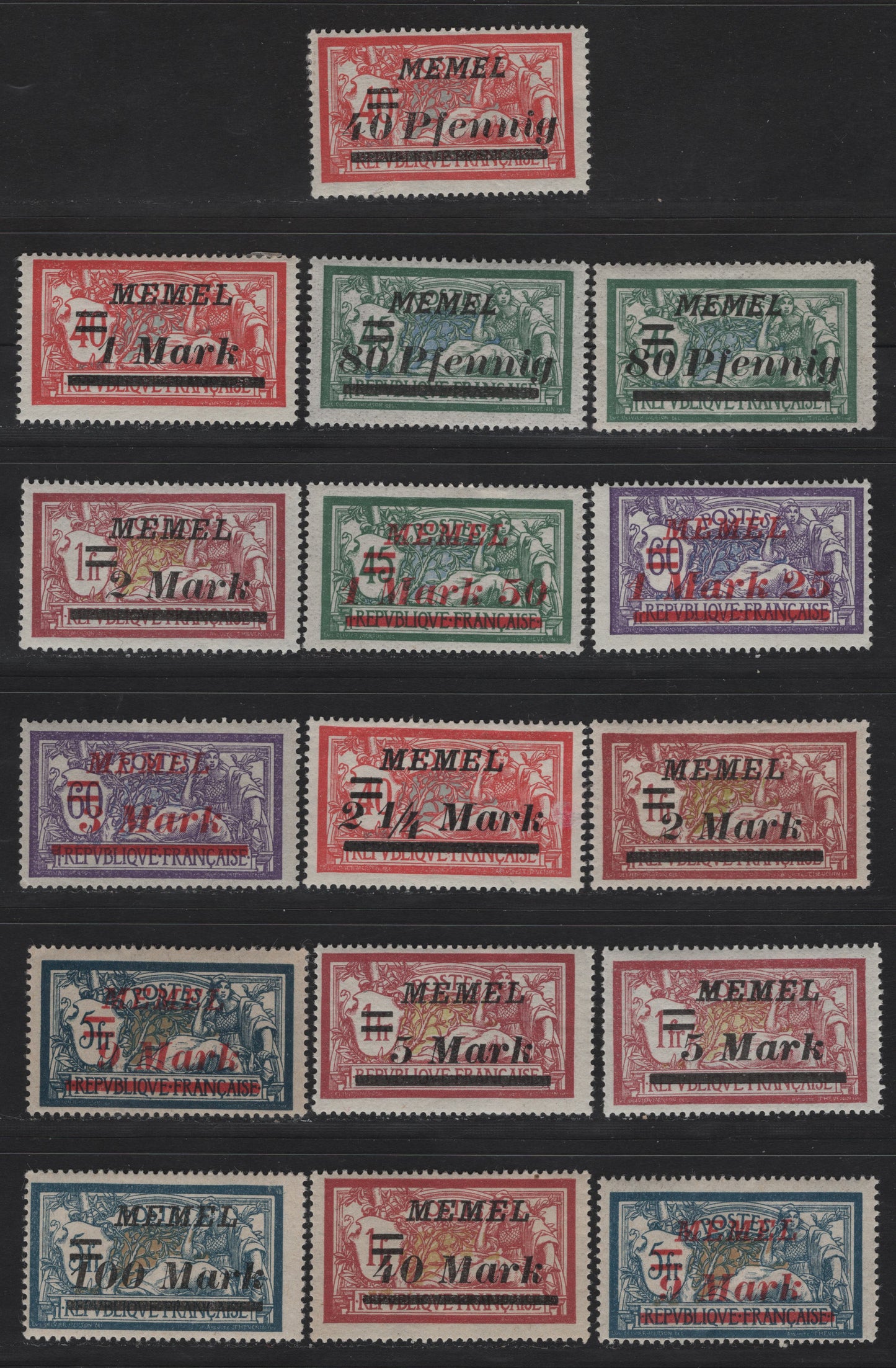 Lot 229 Memel SC#67/92 40pf on 40c - 100m on 5fr Red & Pale Blue - Dark Blue & Buff , 1922 Italic Overprinted France Merson Issue, 16 F/VFOG Singles, Includes Shade Variations, Spacing Variatons Between Numerals & Mark and Between Mark & Surcharge Bar