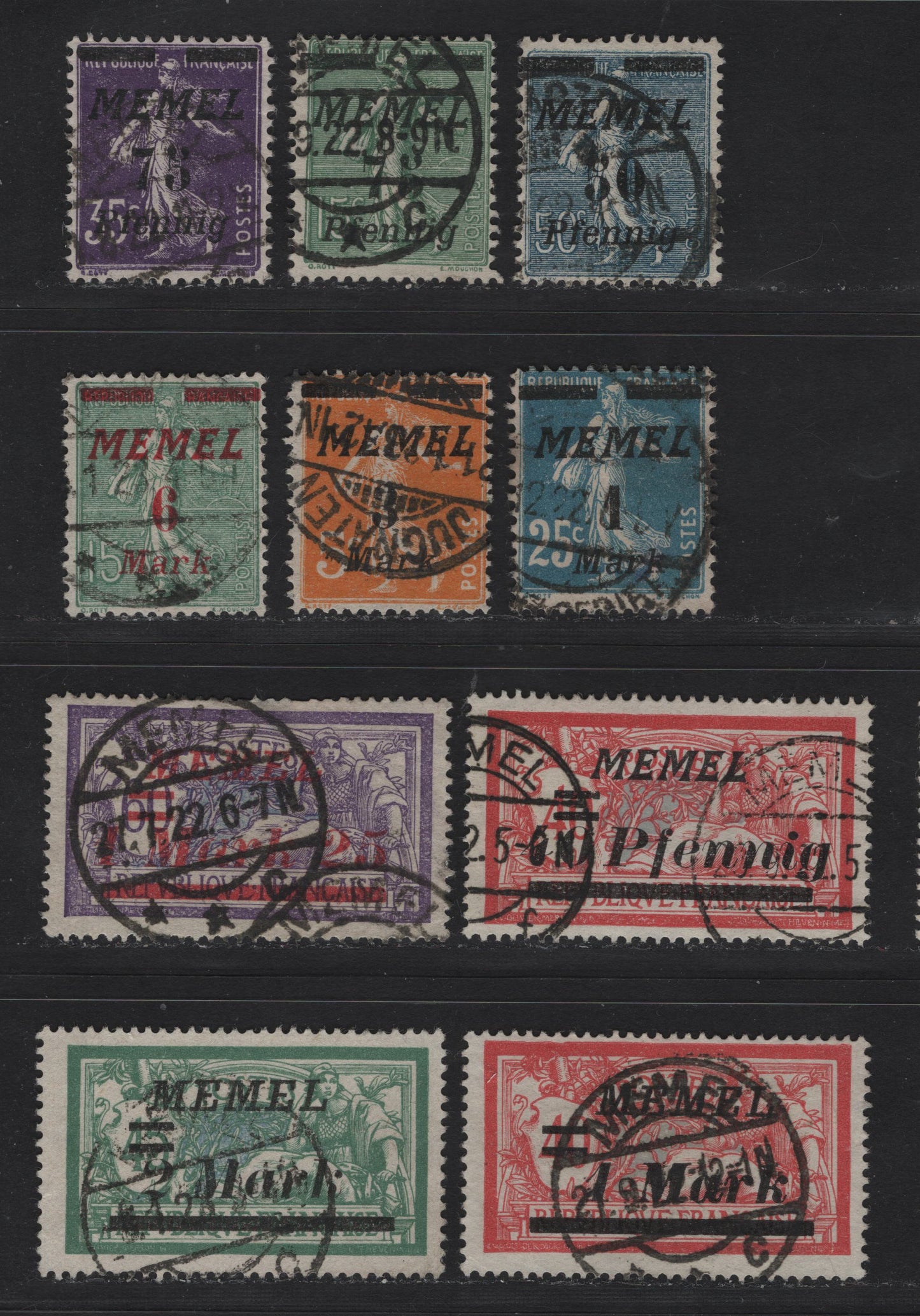 Lot 230 Memel SC#59-62, 64-65, 67, 69-70, 72 50pf on 50c - 2m on 45c Dull Blue - Green & Blue , 1922 Italic Overprinted France Sower & Merson Issue, 10 Fine/Very Fine Used Singles, Dated or SON Memel CDS Cancels