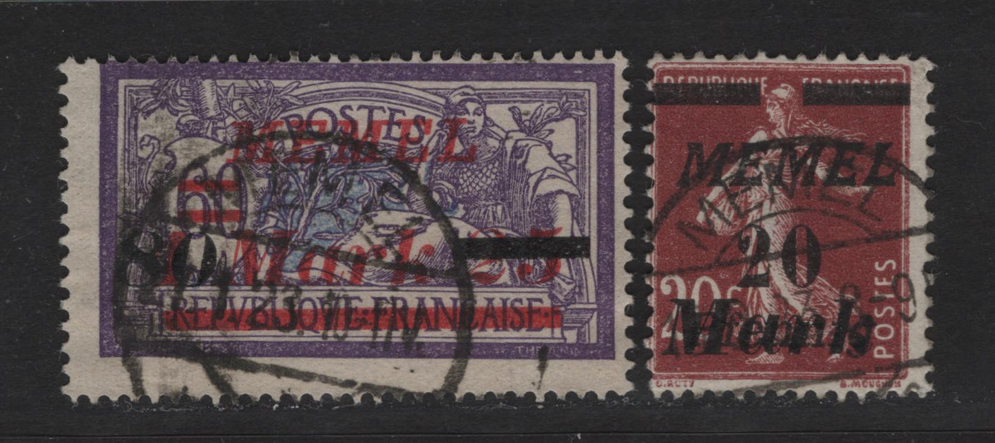 Lot 234 Memel SC#94. 99 20m on 20pf on 20c - 80m on 1.25m on 60c Lilac Brown - Violet & Ultramarine , 1922 Italic Overprinted France Sower & Merson Issue, 2 Fine Used Singles, Dated Memel Cancels