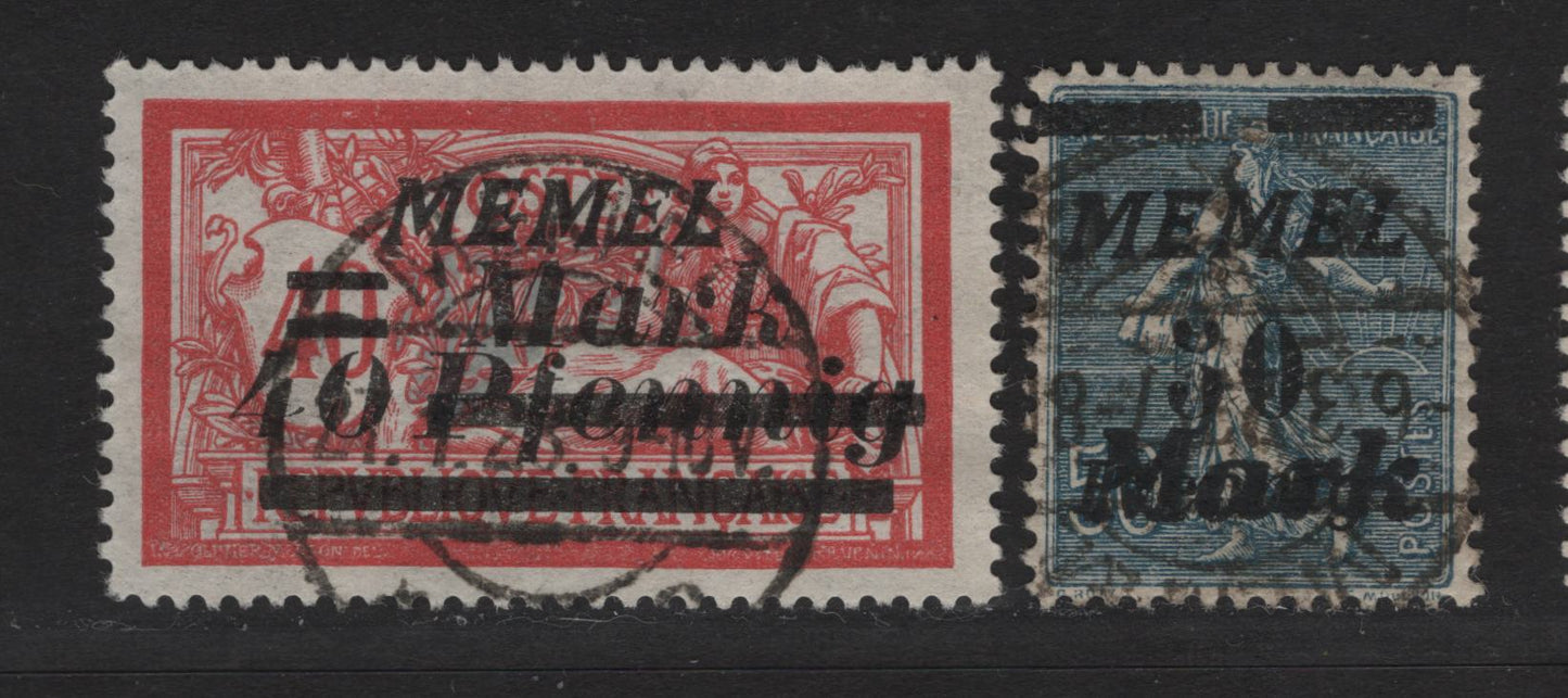 Lot 235 Memel SC#95-96 40m on 40pf on 40c - 50m on 50pf on 50c Red & Pale Blue - Dull Blue , 1922 Italic Overprinted France Sower & Merson Issue, 2 Very Fine Used Singles, SON Memel Cancels