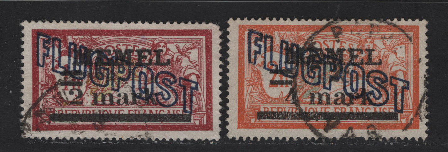 Lot 239 Memel SC#C4-C5 2m on 1fr - 4m on 2f Claret & Green - Orange & Pale Blue , 1921 Airmail Overprinted Issue, 2 Fine/Very Fine Used Singles , ,