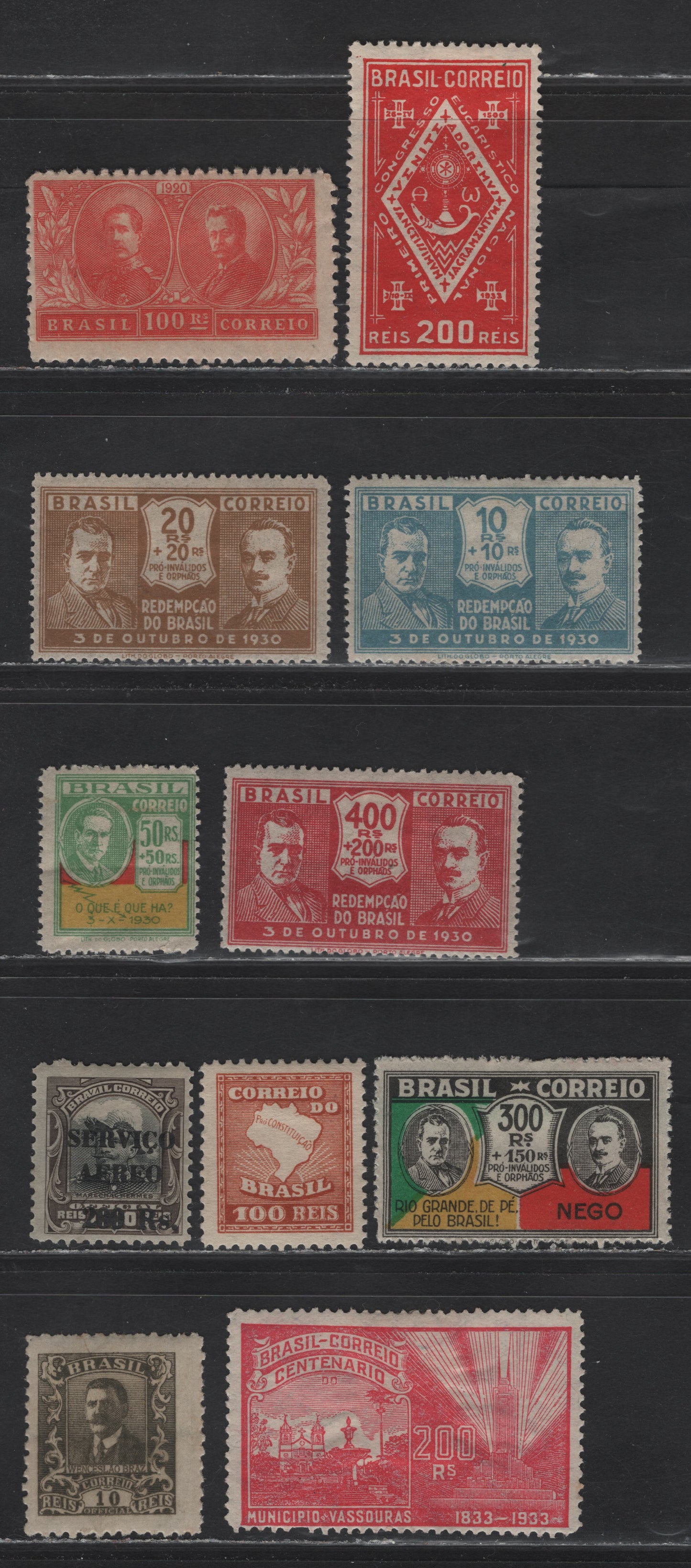 Lot 263 Brazil SC#231, 342-344, 347-348, 364, 375, 378, O30, C2 100r - 10r Dull Red - Olive Green Official - Visit of King & Queen Of Belgium, 1919-1920 Official - Visit of King & Queen Of Belgium Issues, 11 F/VFOG Singles