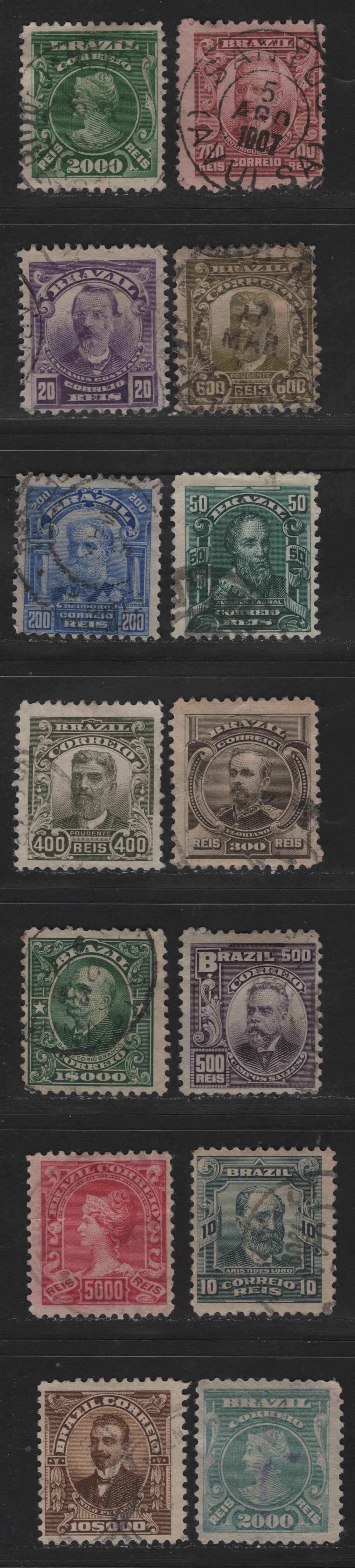 Lot 265 Brazil SC#174/188, 192-193 10r - 1000r Bluish Green - Deep Green , 1906-1916 Portraits Issue, 14 Very Good/Fine Used Singles, 5000r Has A Crease