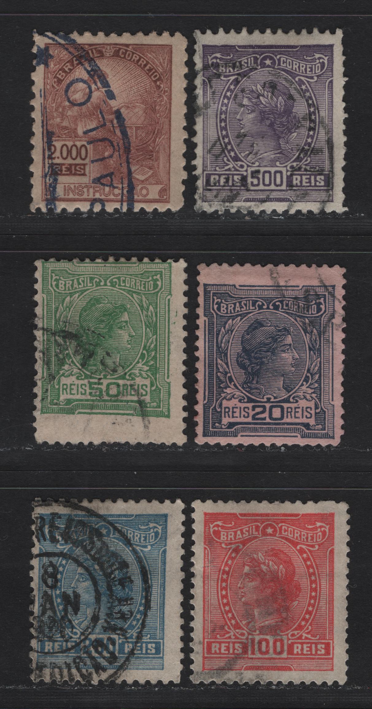 Lot 266 Brazil SC#201-209, 204, 211, 213, 216 20r - 2000r Slate - Red Brown , 1918-1920 Liberty Heads - Education High Value Issues, 6 Very Good/Fine/Very Fine Used Singles