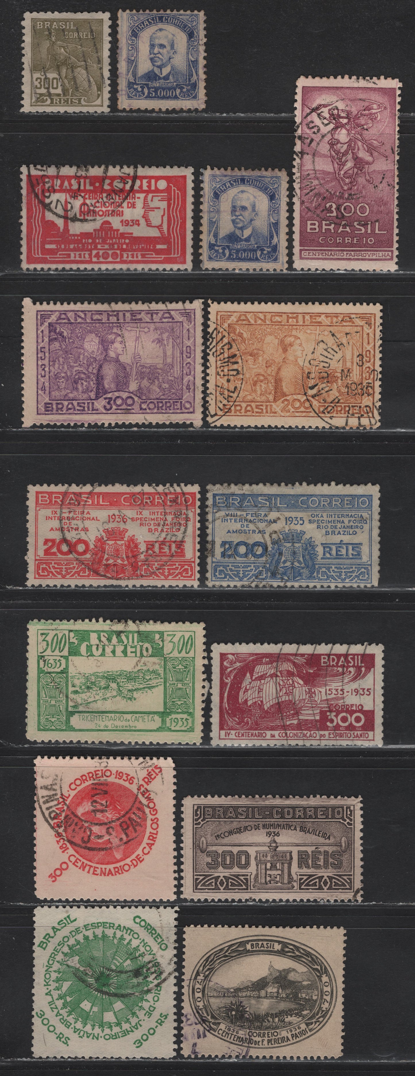 Lot 268 Brazil SC#388, 394-395, 405, 411-412, 420-422, 427, 430, 436, 442 400r - 300r Carmine - Green , 1934-1937 7th Int'l Rio de Janiro Fair - Esperanto Congress Issues, 15 Fine/Very Fine Used Singles