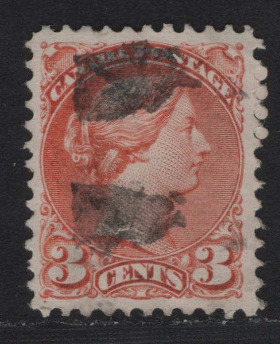 Lot 273 Canada (C) #37iii 3c Red Orange Queen Victoria, 1870-1893 Small Queen Issue, A Very Fine Used Single, Mid Montreal Printings, Plate Dot At LL, Perf 11.7x12, Paper MM-Q.